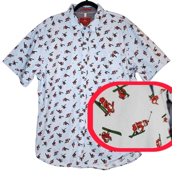 MBX skiing santa short sleeve button down shirt. Blue/Red. - Picture 1 of 16